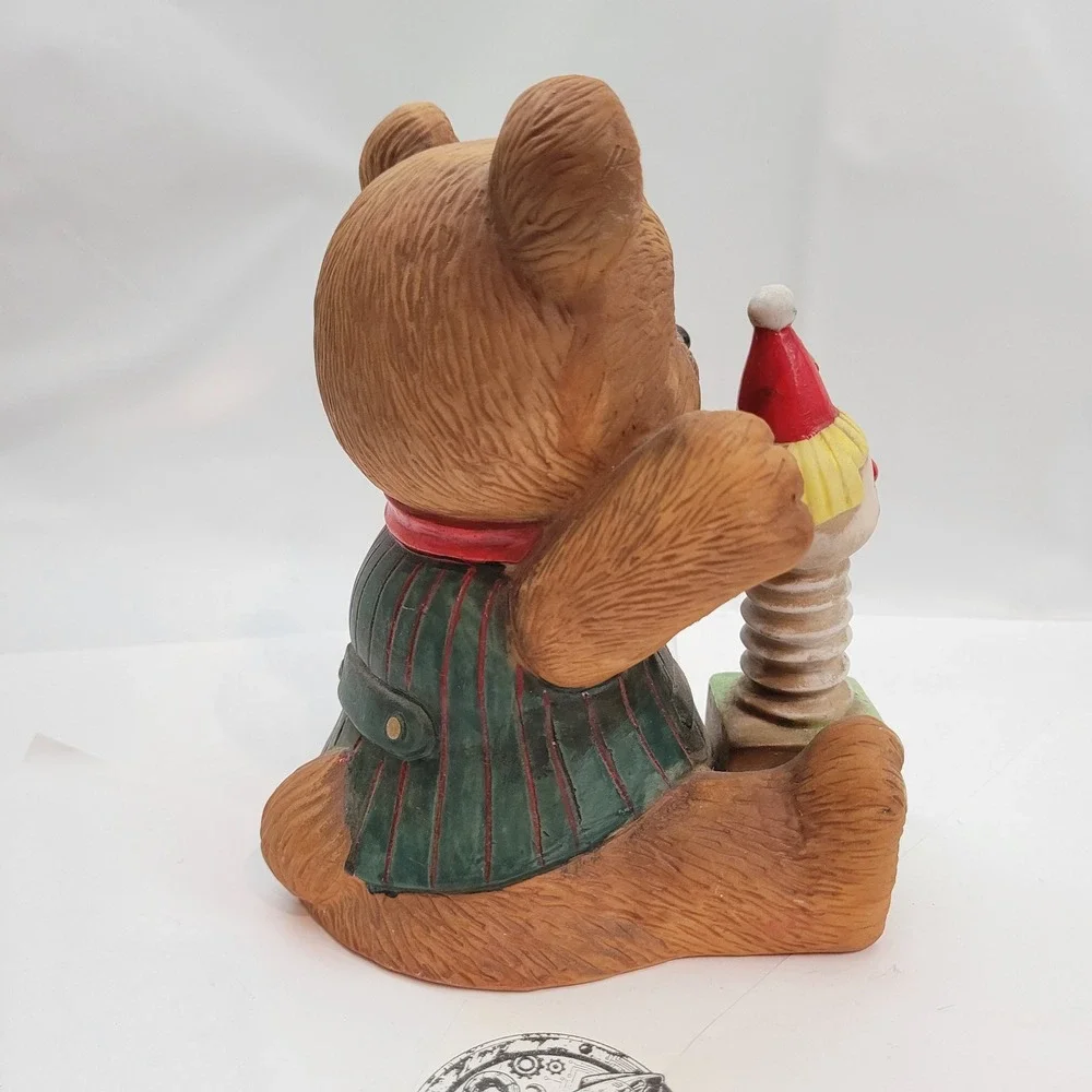 Vintage Ceramic Teddy Bear Music Box Jack-in-the-Box Figurine Taiwan Brown Green